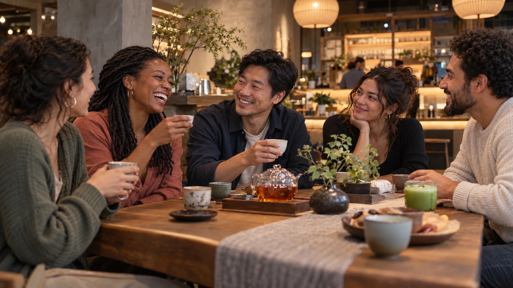 Five friends laugh and talk around a wooden table in a warm, modern tea house, holding small cups, with a glass teapot of amber tea and a small plant on the table.