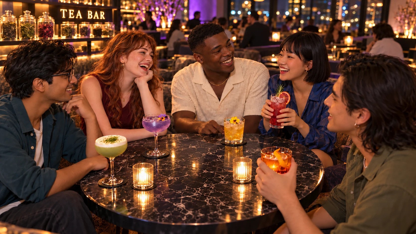 Five young friends of different backgrounds laugh around a dark marble table in a candlelit tea bar at night, holding colorful tea-based drinks, with jars of loose tea on a lit shelf behind them.